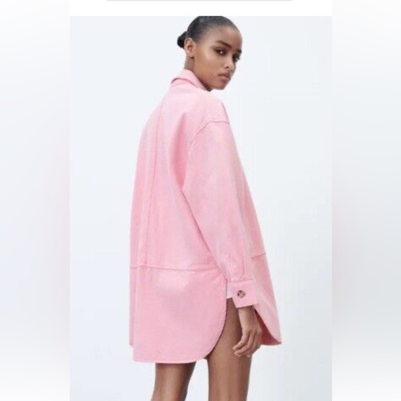 Barbie pink Zara oversize denim button down shirt jacket Sz Xsmall - Picture 6 of 8